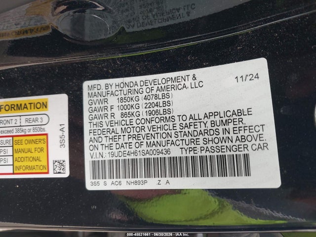 45521661 :رقم المزاد ، 19UDE4H61SA009436 vin ، 2025 Acura Integra A-spec Technology مزاد بيع