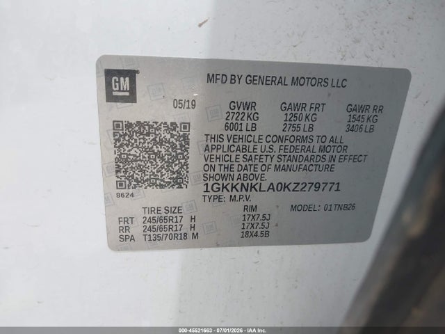 Продажа на аукционе авто 2019 Gmc Acadia Sle-1, vin: 1GKKNKLA0KZ279771, номер лота: 45521663