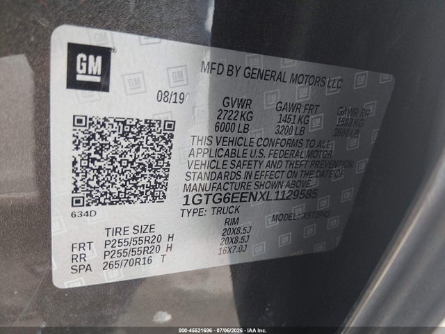 Aukcja sprzedaży 2020 Gmc Canyon 4wd  Short Box Denali, vin: 1GTG6EENXL1129585, numer aukcji: 45521696