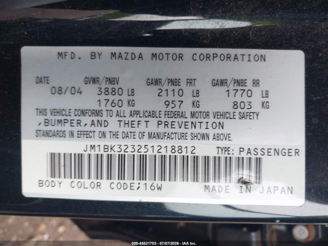 45521703 :رقم المزاد ، JM1BK323251218812 vin ، 2005 Mazda Mazda3 S مزاد بيع