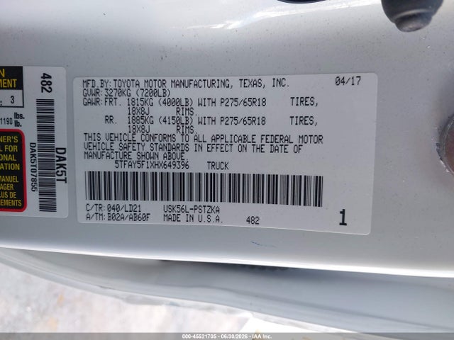 45521705 :رقم المزاد ، 5TFAY5F1XHX649396 vin ، 2017 Toyota Tundra 1794 5.7l V8 مزاد بيع