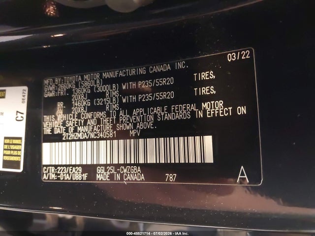Продаж на аукціоні авто 2022 Lexus Rx 350, vin: 2T2HZMDA7NC340581, номер лоту: 45521714