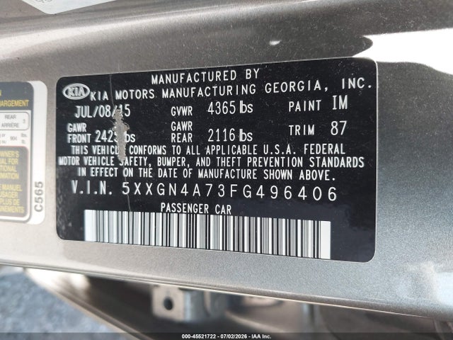 2015 Kia Optima Ex მანქანა იყიდება აუქციონზე, vin: 5XXGN4A73FG496406, აუქციონის ნომერი: 45521722