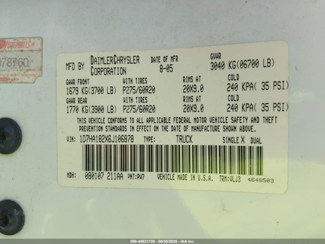 45521726 :رقم المزاد ، 1D7HA182X6J106878 vin ، 2006 Dodge Ram 1500 Laramie مزاد بيع