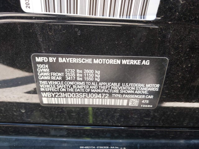 Продаж на аукціоні авто 2025 Bmw I4 Gran Coupe Edrive40, vin: WBY23HD03SFU09472, номер лоту: 45521734