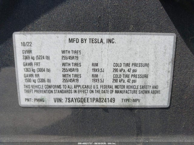 45521737 :رقم المزاد ، 7SAYGDEE1PA024149 vin ، 2023 Tesla Model Y مزاد بيع