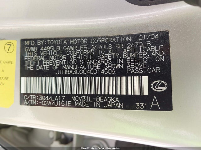 45521741 :رقم المزاد ، JTHBA30G040014506 vin ، 2004 Lexus Es 330 مزاد بيع