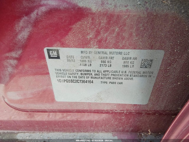 Auction sale of the 2012 Chevrolet Cruze Lt W/2lt, vin: 1g1pg5sc2c7364164, lot number: 45521763