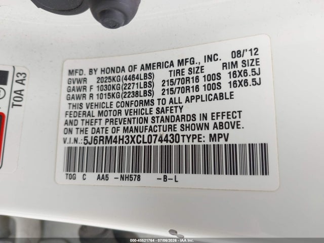 Продаж на аукціоні авто 2012 Honda Cr-v Lx, vin: 5J6RM4H3XCL074430, номер лоту: 45521764