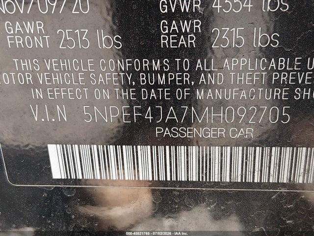 45521765 :رقم المزاد ، 5NPEF4JA7MH092705 vin ، 2021 Hyundai Sonata Sel مزاد بيع