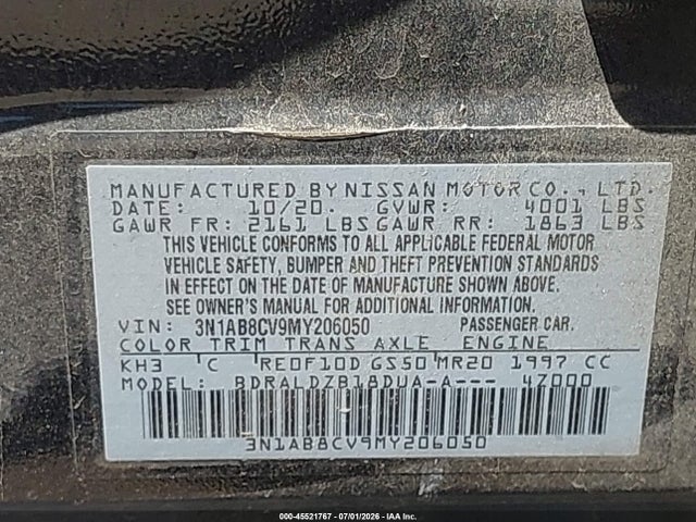 Aukcja sprzedaży 2021 Nissan Sentra Sv Xtronic Cvt, vin: 3N1AB8CV9MY206050, numer aukcji: 45521767