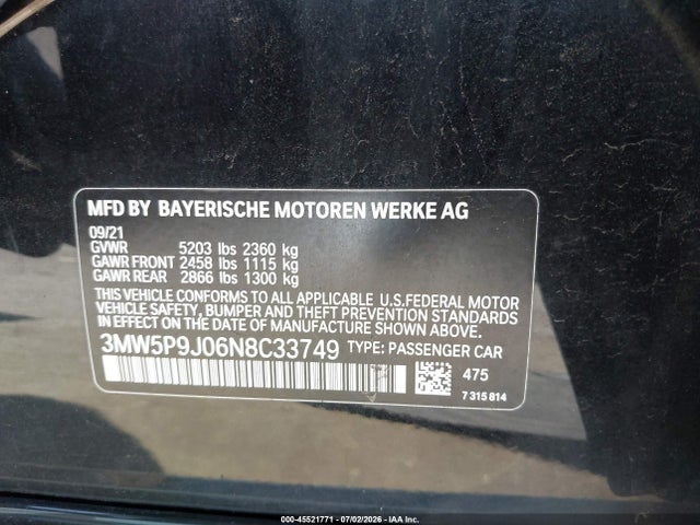 2022 Bmw 330e Xdrive მანქანა იყიდება აუქციონზე, vin: 3MW5P9J06N8C33749, აუქციონის ნომერი: 45521771