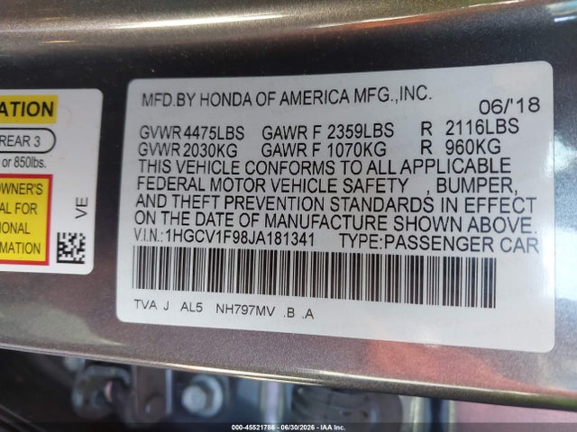 1HGCV1F98JA181341 Honda Accord Touring