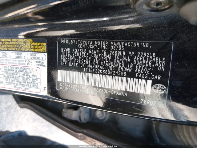 Aukcja sprzedaży 2006 Toyota Camry Le V6, vin: 4T1BF32K66U621599, numer aukcji: 45521794