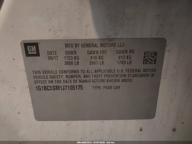 Продажа на аукционе авто 2018 Chevrolet Cruze Ls Auto, vin: 1G1BC5SM1J7105175, номер лота: 45521810