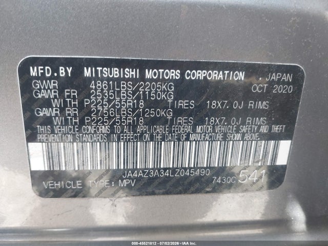 Aukcja sprzedaży 2020 Mitsubishi Outlander Se 2.4 S-awc, vin: JA4AZ3A34LZ045490, numer aukcji: 45521812