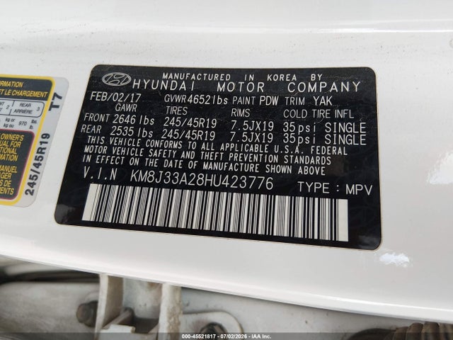 2017 Hyundai Tucson Limited მანქანა იყიდება აუქციონზე, vin: KM8J33A28HU423776, აუქციონის ნომერი: 45521817