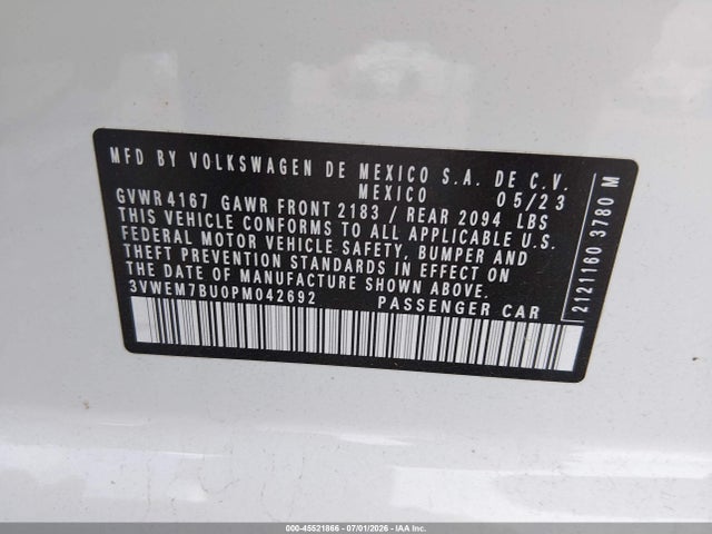 Aukcja sprzedaży 2023 Volkswagen Jetta 1.5t Se, vin: 3VWEM7BU0PM042692, numer aukcji: 45521866