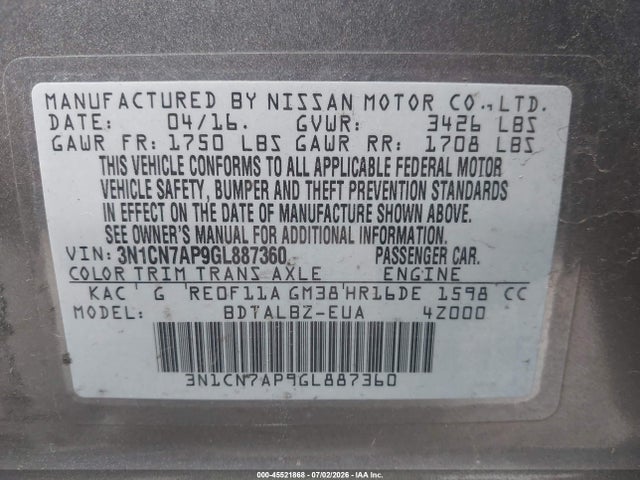 3N1CN7AP9GL887360 Nissan Versa 1.6 Sv