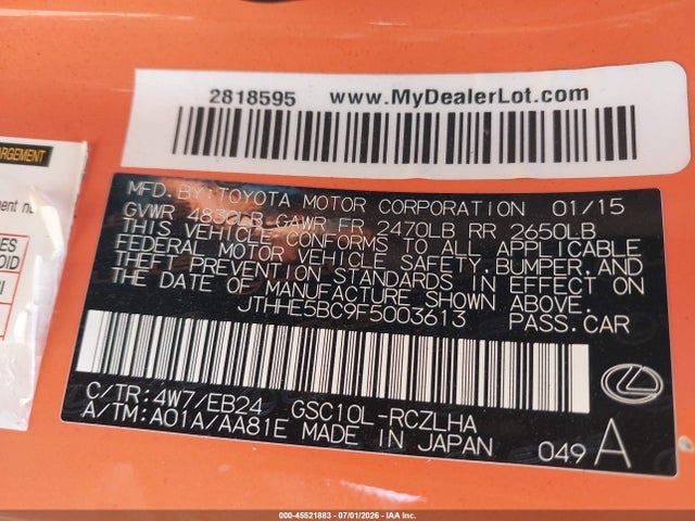 Aukcja sprzedaży 2015 Lexus Rc 350, vin: JTHHE5BC9F5003613, numer aukcji: 45521883