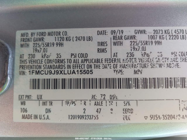 45521887 :رقم المزاد ، 1FMCU9J9XLUA15505 vin ، 2020 Ford Escape Titanium مزاد بيع
