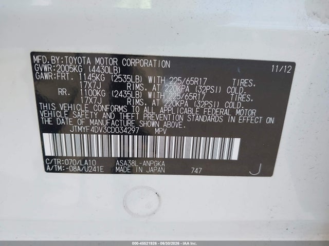45521926 :رقم المزاد ، JTMYF4DV3CD034297 vin ، 2012 Toyota Rav4 Limited مزاد بيع