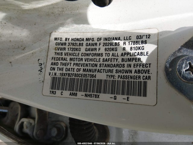 Aukcja sprzedaży 2012 Honda Civic Ex, vin: 19XFB2F80CE057064, numer aukcji: 45521946