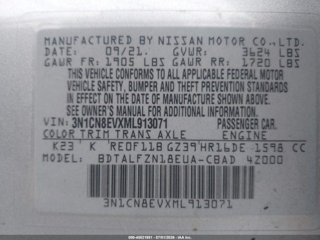 Nissan Versa Sv Xtronic Cvt 2021 3N1CN8EVXML913071 Image 9