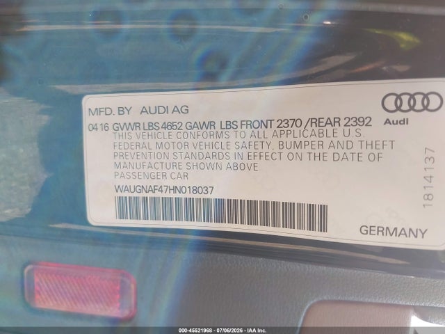 Продажа на аукционе авто 2017 Audi A4 Premium, vin: WAUGNAF47HN018037, номер лота: 45521968