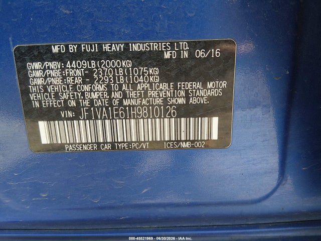Продаж на аукціоні авто 2017 Subaru Wrx Premium, vin: JF1VA1E61H9810126, номер лоту: 45521969