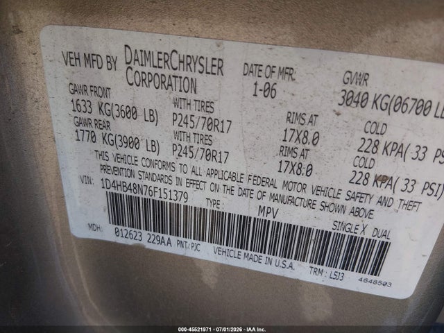 Aukcja sprzedaży 2006 Dodge Durango Slt, vin: 1D4HB48N76F151379, numer aukcji: 45521971
