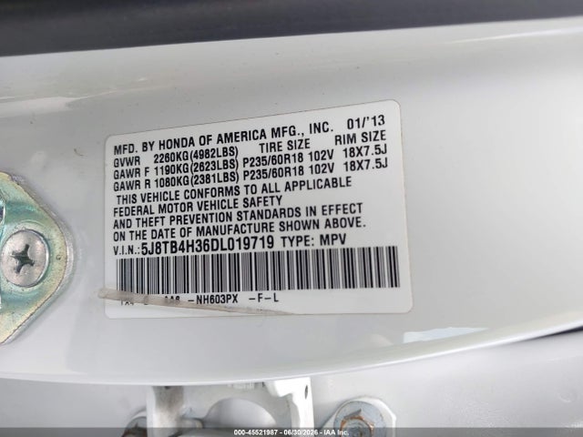 45521987 :رقم المزاد ، 5J8TB4H36DL019719 vin ، 2013 Acura Rdx مزاد بيع