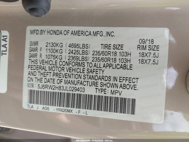 5J6RW2H83JL029403 Honda Cr-v Ex-l/ex-l Navi
