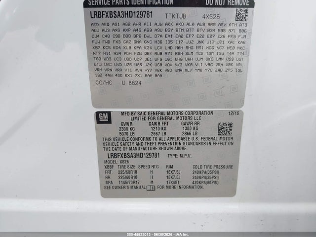 Aukcja sprzedaży 2017 Buick Envision Essence, vin: LRBFXBSA3HD129781, numer aukcji: 45522013