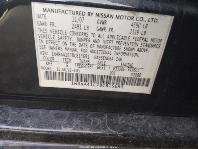 Aukcja sprzedaży 2008 Nissan Maxima 3.5 Se, vin: 1N4BA41E78C815691, numer aukcji: 45522016