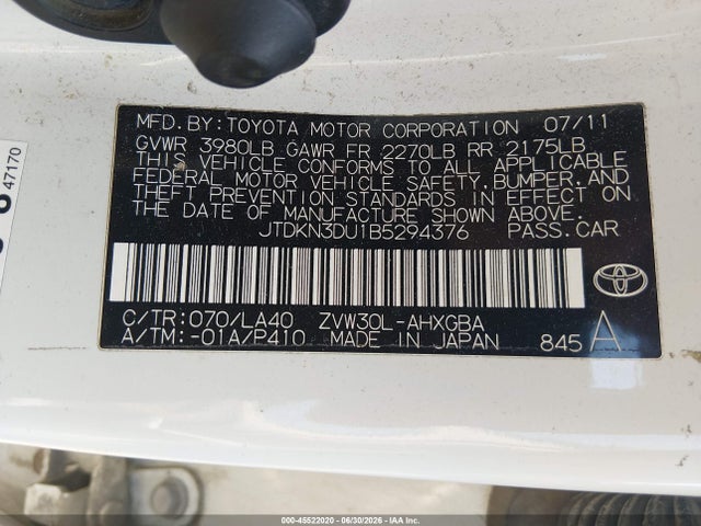 Продаж на аукціоні авто 2011 Toyota Prius Four, vin: JTDKN3DU1B5294376, номер лоту: 45522020