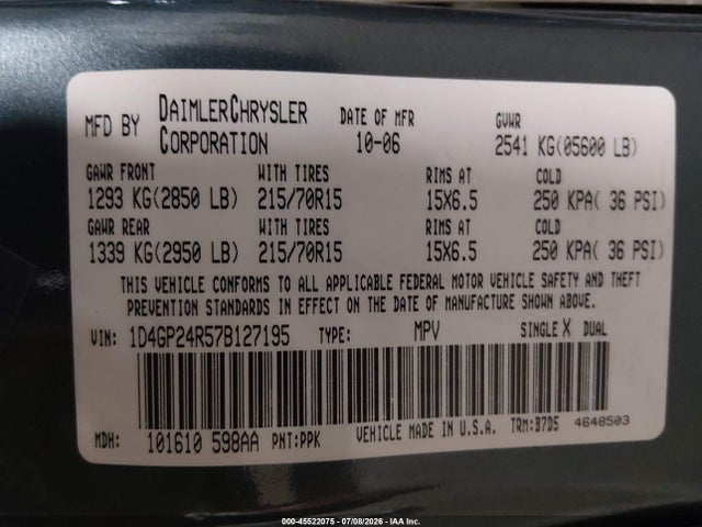 Aukcja sprzedaży 2007 Dodge Grand Caravan Se, vin: 1D4GP24R57B127195, numer aukcji: 45522075