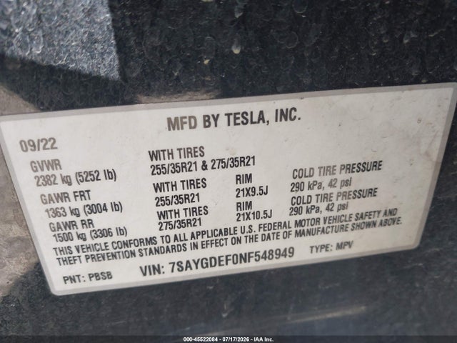 Aukcja sprzedaży 2022 Tesla Model Y Performance Dual Motor All-wheel Drive, vin: 7SAYGDEF0NF548949, numer aukcji: 45522084