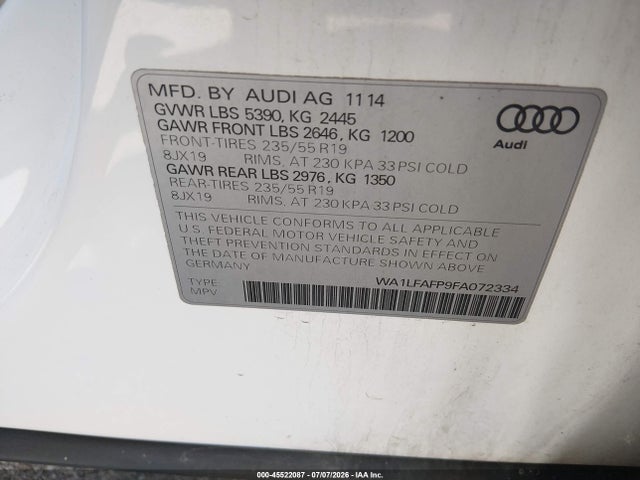 Aukcja sprzedaży 2015 Audi Q5 2.0t Premium, vin: WA1LFAFP9FA072334, numer aukcji: 45522087