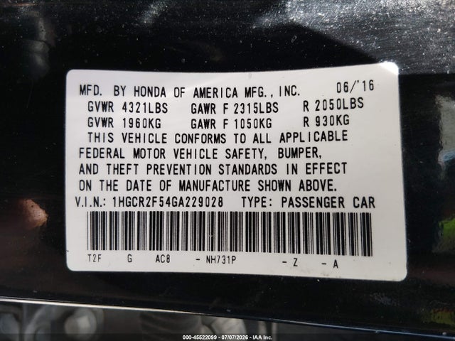 1HGCR2F54GA229028 Honda Accord Sport