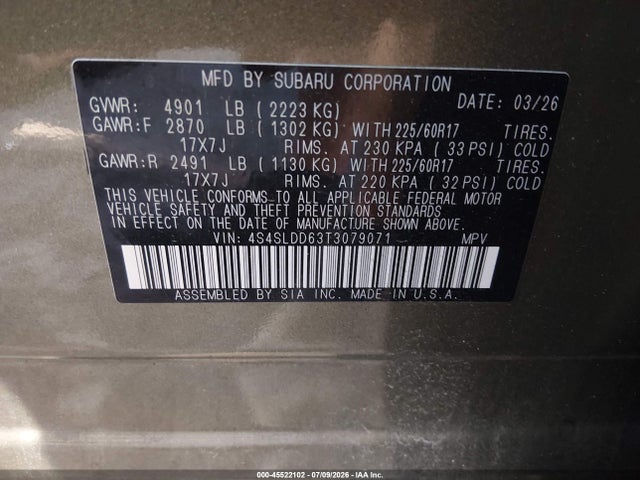 2026 Subaru Forester Premium მანქანა იყიდება აუქციონზე, vin: 4S4SLDD63T3079071, აუქციონის ნომერი: 45522102