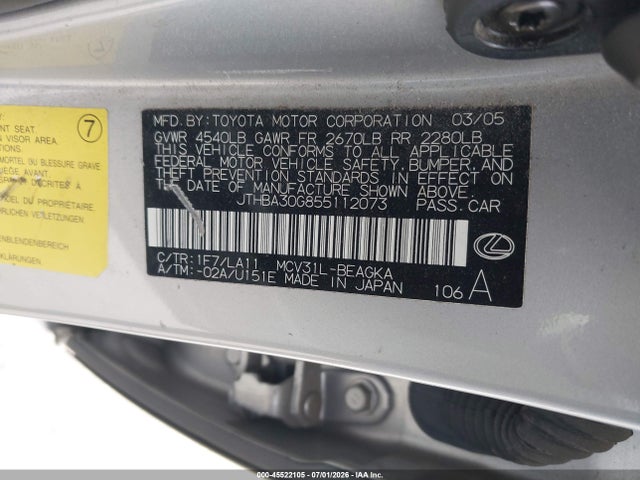 Продажа на аукционе авто 2005 Lexus Es 330, vin: JTHBA30G855112073, номер лота: 45522105