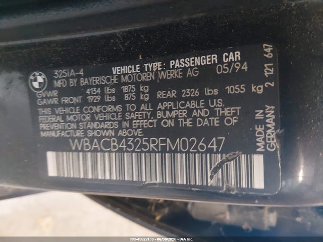 Aukcja sprzedaży 1994 Bmw 325 I Automatic, vin: WBACB4325RFM02647, numer aukcji: 45522130