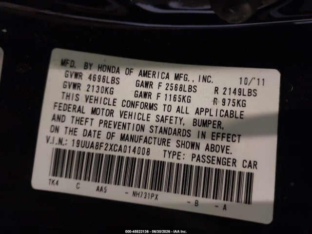 Продажа на аукционе авто 2012 Acura Tl 3.5, vin: 19UUA8F2XCA014008, номер лота: 45522136
