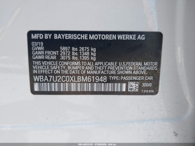 Продаж на аукціоні авто 2020 Bmw 750i Xdrive, vin: WBA7U2C0XLBM61948, номер лоту: 45522161