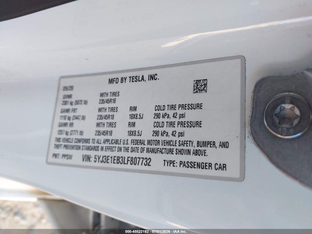 Aukcja sprzedaży 2020 Tesla Model 3 Long Range Dual Motor All-wheel Drive, vin: 5YJ3E1EB3LF807732, numer aukcji: 45522182