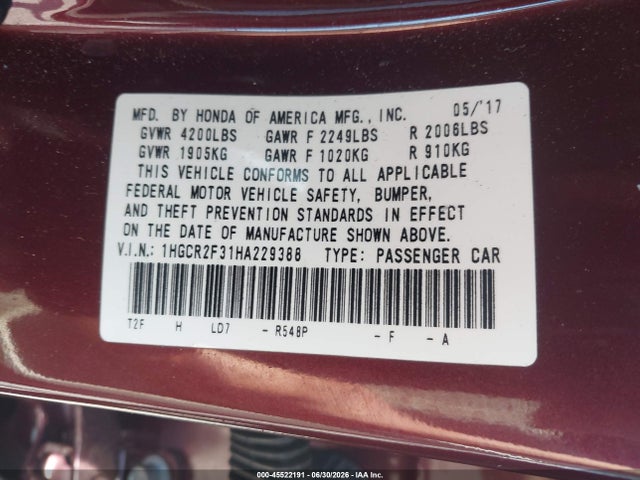 Honda ACCORD LX 2017 1HGCR2F31HA229388 Image 9