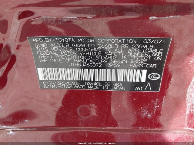 Aukcja sprzedaży 2007 Lexus Es 350, vin: JTHBJ46G072113459, numer aukcji: 45522192