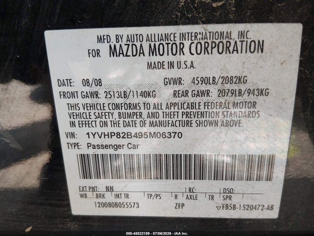 Продажа на аукционе авто 2009 Mazda Mazda6 S Grand Touring, vin: 1YVHP82B495M06370, номер лота: 45522199