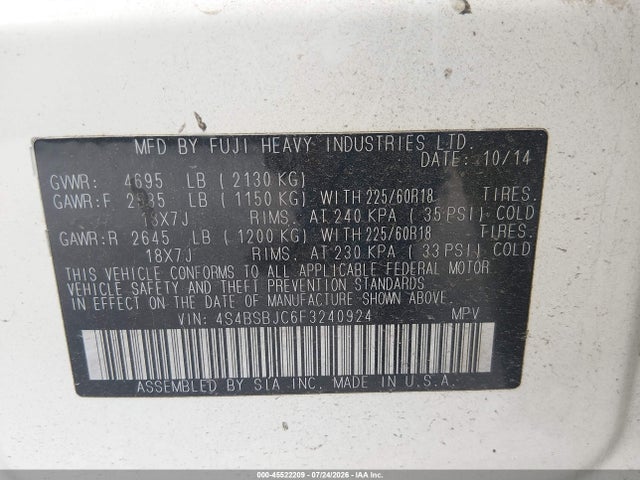 Продаж на аукціоні авто 2015 Subaru Outback 2.5i Limited, vin: 4S4BSBJC6F3240924, номер лоту: 45522209